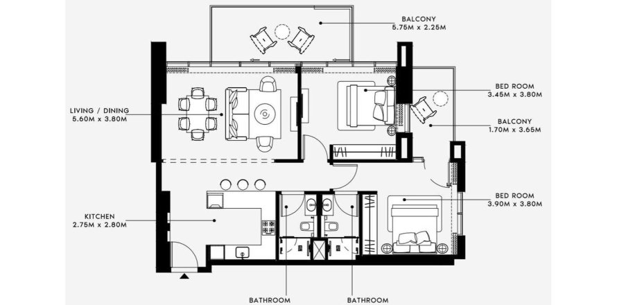 Floor plan «2BR», 2 bedrooms, in AZIZI RIVIERA