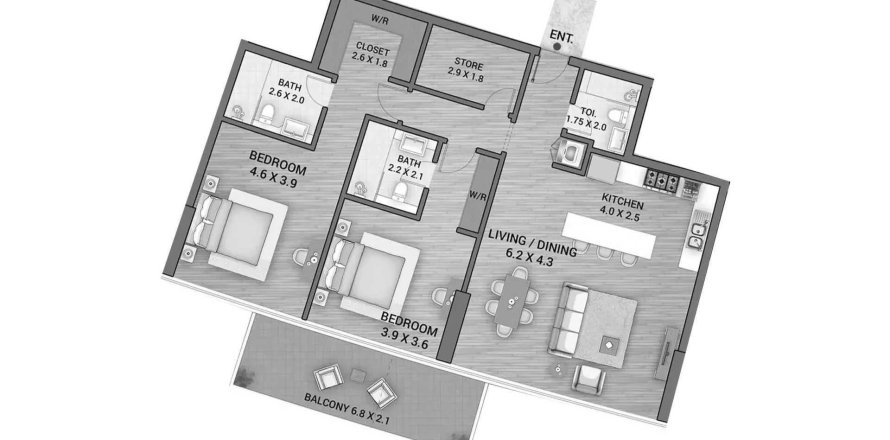 Floor plan «2BR», 2 bedrooms, in Ocean Tower