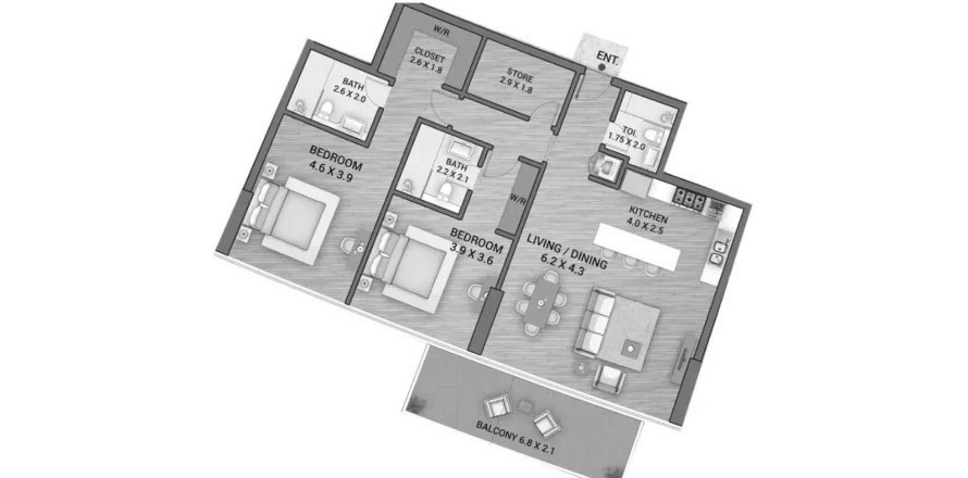 Apartament në Ocean Tower në Dubai, Emiratet e Bashkuara Arabe 2 dhoma gjumi, 136.38 m2. № 713763