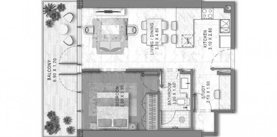 Floor plan «TYPE A2», 1 bedroom, in Damac District