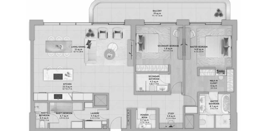 Lakás «2BR» alaprajz, 2 hálószoba a Fahid Beach Residences