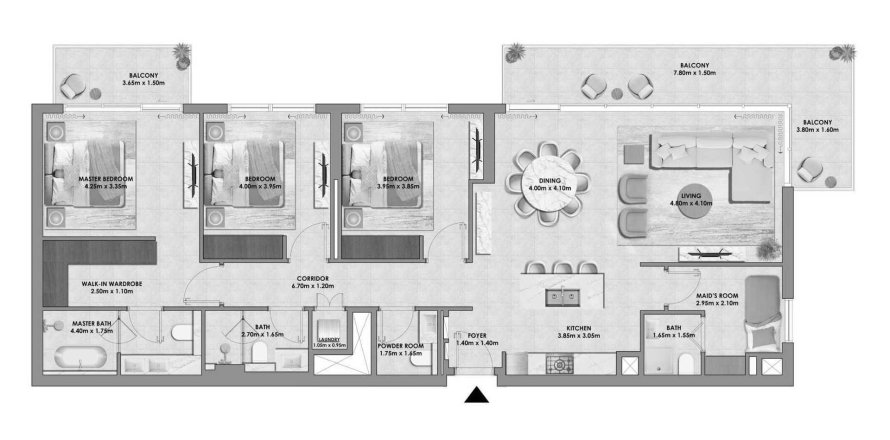 Apartment floor plan «TYPE A», 3 bedrooms in Palace Residences Hillside