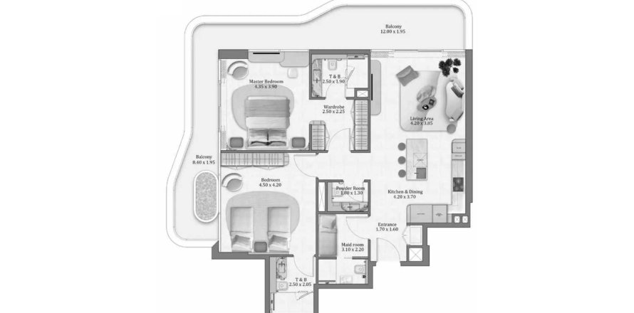 Apartament në Flow Residences në Dubai, Emiratet e Bashkuara Arabe 2 dhoma gjumi, 137.69 m2. № 709612