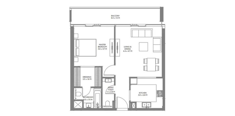 Floor plan «2BR», 1 bedroom, in The Gate 6