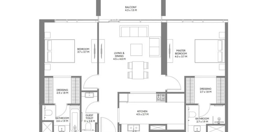 Floor plan «2BR», 2 bedrooms, in The Gate 6