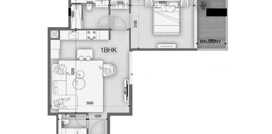 Apartman tlocrt «1BR», 1 spavaća soba u Peace Avenue