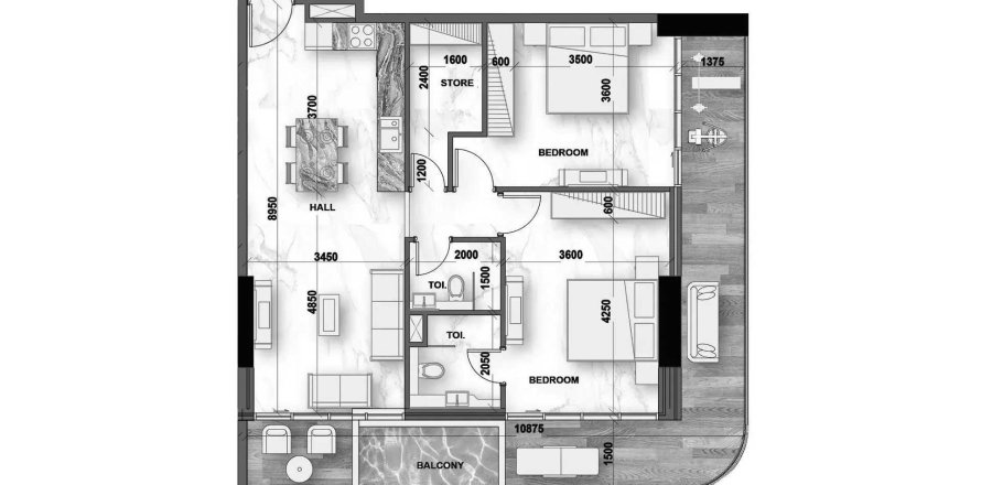 Tlocrt Apartman «2BR», 2 spavaće sobe u Peace Lagoons 2