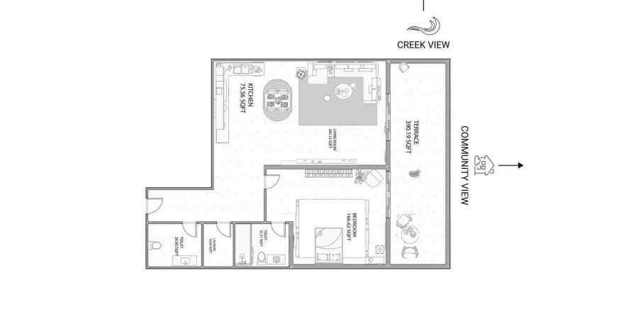Byt půdorys «1BR», 1 ložnice v AJMAN CREEK TOWERS