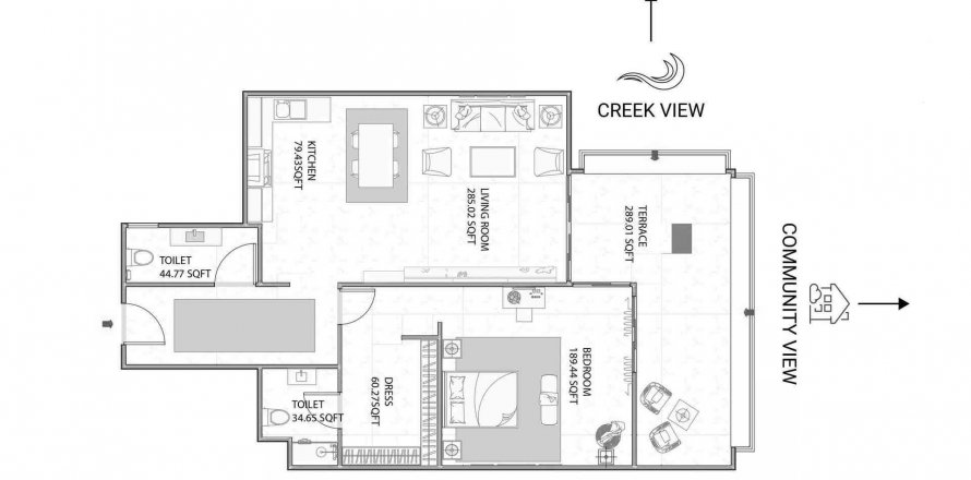 Byt půdorys «1BR», 1 ložnice v AJMAN CREEK TOWERS