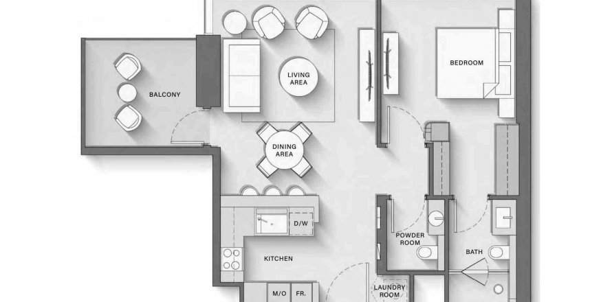 Lakás «1BR» alaprajz, 1 hálószoba a The Highgrove