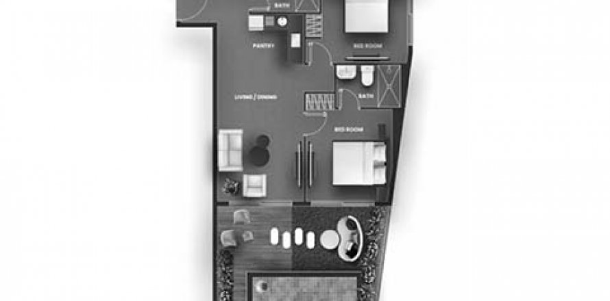 Floor plan 2 bedrooms, in VINCITORE AQUA FLORA