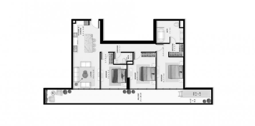 Korter korruseplaan «3BR», 3 magamistoaga in Ocean Pearl