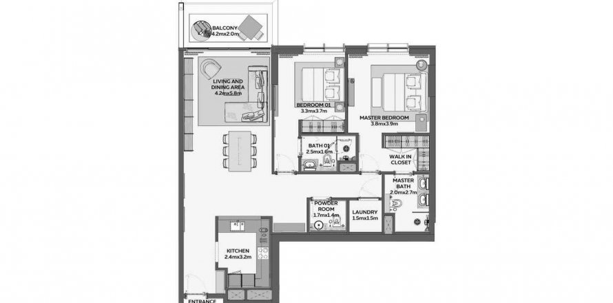 Διαμέρισμα κάτοψη «2BR», 2 υπνοδωμάτια σε Sidr 1 Residences