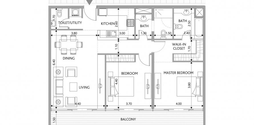 Apartment floor plan «TYPE A», 2 bedrooms in PARK VIEW RESIDENCES APARTMENTS