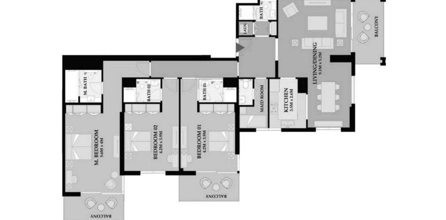 Floor plan «3BR», 3 bedrooms, in Riva Residence