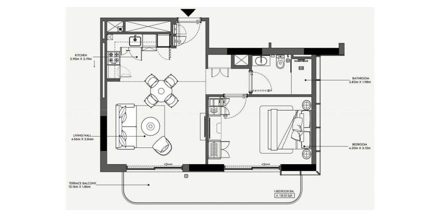 Apartment floor plan «1BR», 1 bedroom in AZIZI JEWEL