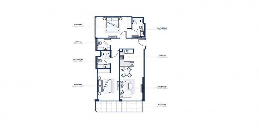 Floor plan «TYPE 1», 2 bedrooms, in ADEBA AZIZI RESIDENCE