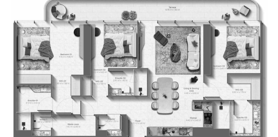 Tlocrt Apartman «TYPE 3BR», 3 spavaće sobe u Le Chateau