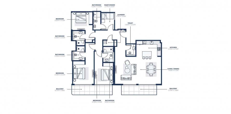 Floor plan «TYPE 2», 3 bedrooms, in ADEBA AZIZI RESIDENCE
