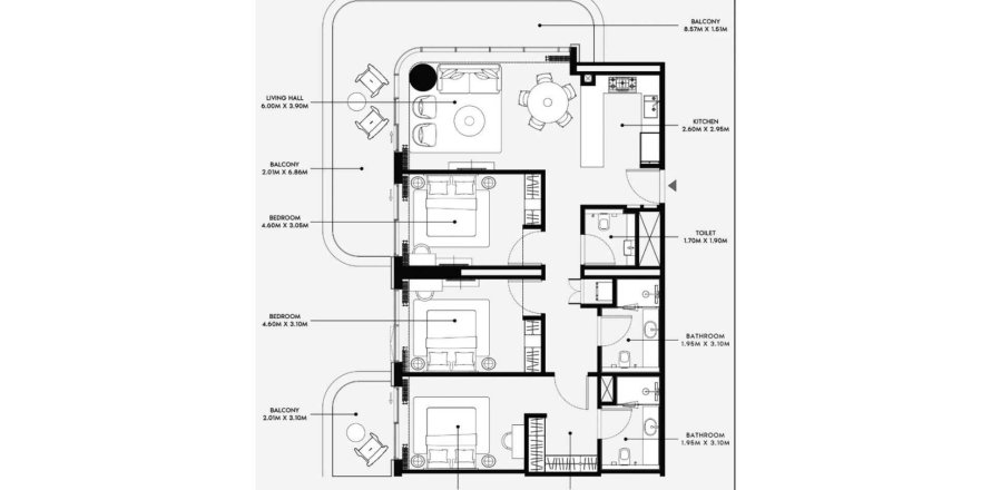 Floor plan «TYPE 1A», 3 bedrooms, in Azizi Venice 15